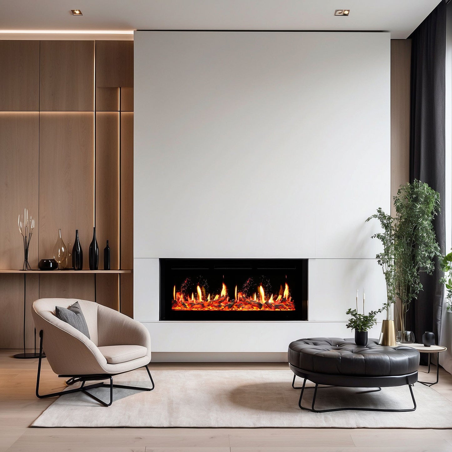 Mystflame V-Art 50, elektrische haard ingebouwd in de wand. Realistische elektrische haard met houtblok, geluid en verwarming
