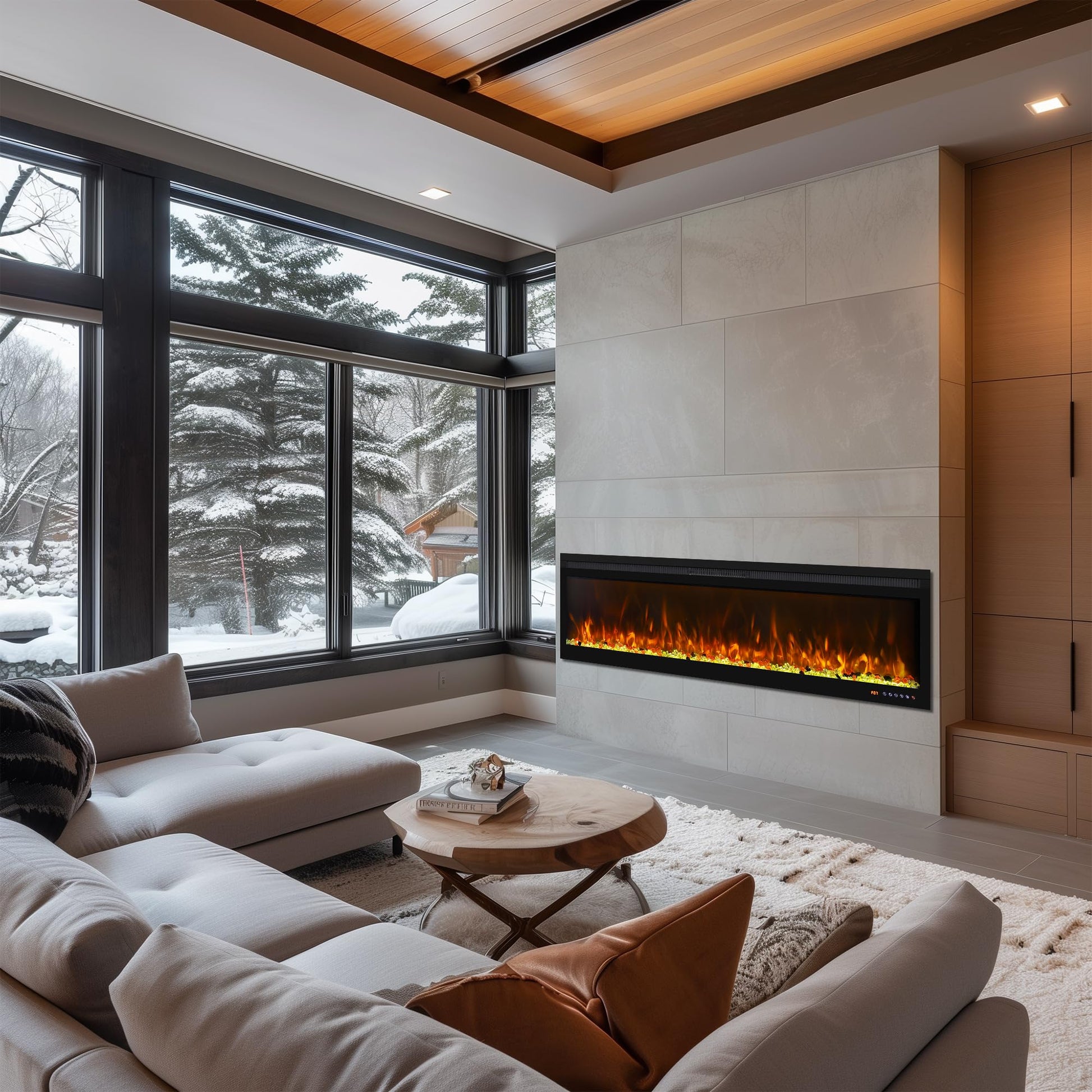 Decoratieve elektrische wandhaard Mystflame 3D Perla 60 in het interieur van een grote woonkamer.