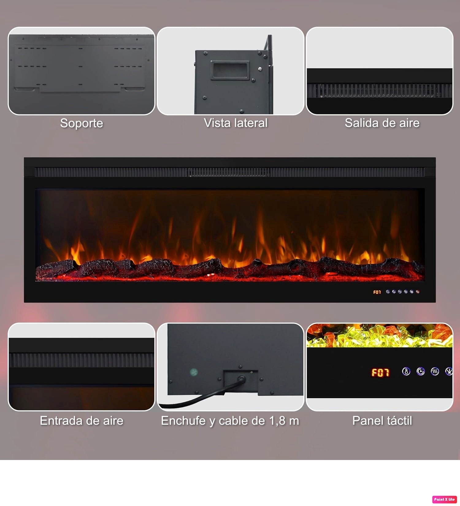 Structuur en kenmerken van de elektrische wandhaard Mystflame 3D Perla 50.