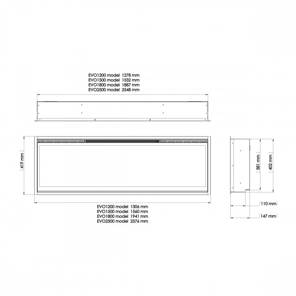 Afmetingen van de elektrische haard Dimplex Ignite Evolve 60