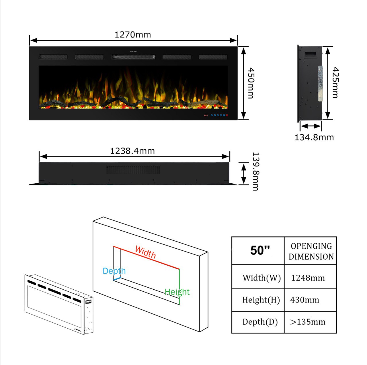Afmetingen van de elektrische haard Mystflame Galaxy 50 PRO WiFi