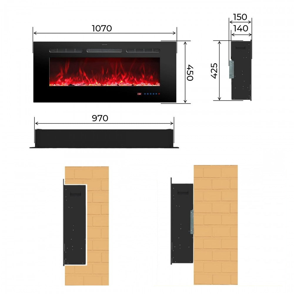 Afmetingen van de elektrische wandhaard Mystflame Galaxy 42