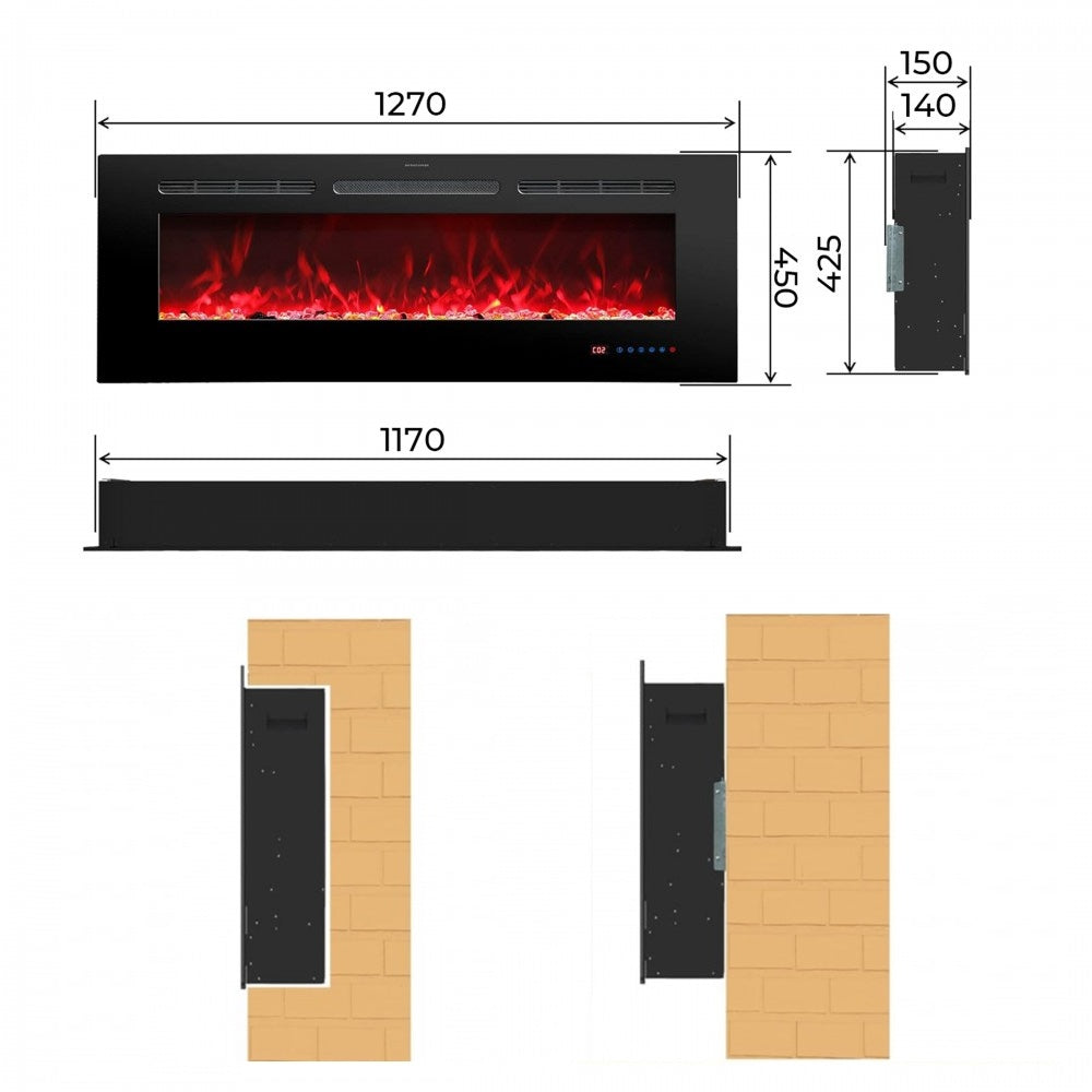 Afmetingen van de elektrische wandhaard Mystflame Galaxy 50