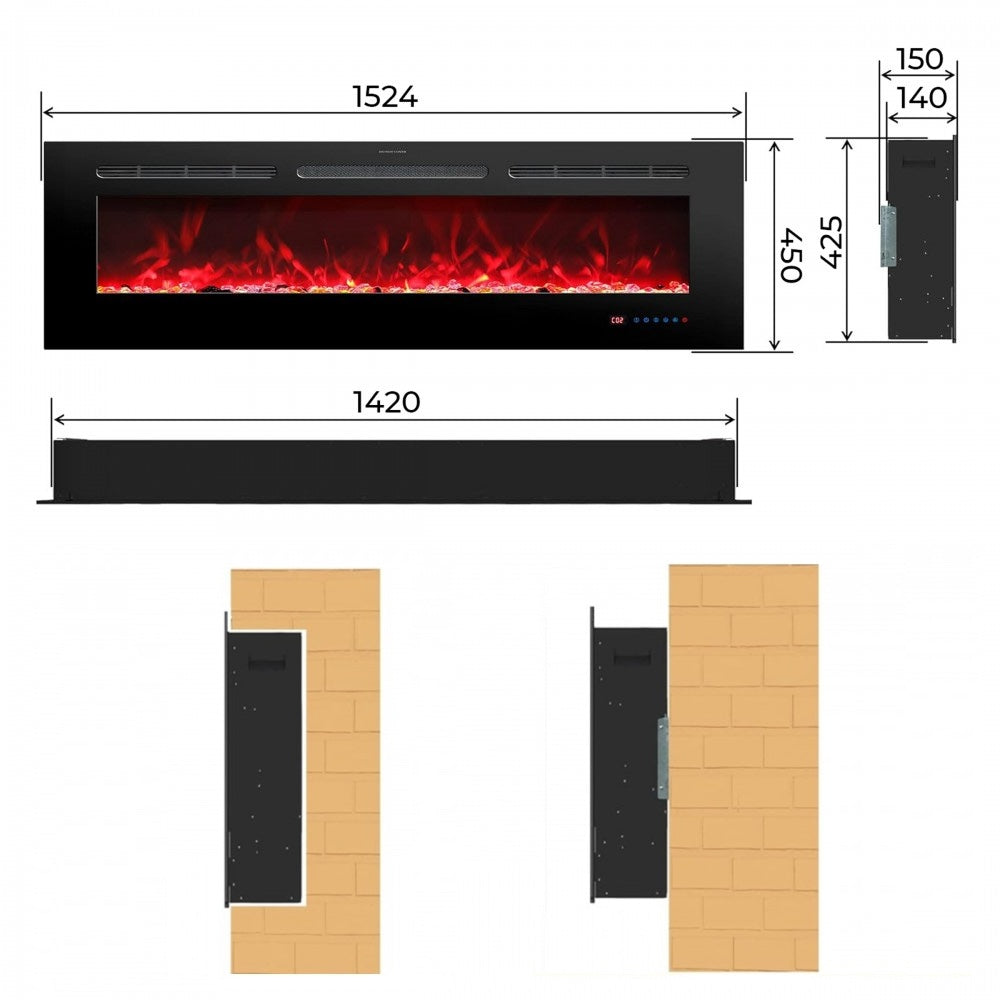 Afmetingen van de elektrische wandhaard Mystflame Galaxy 60 