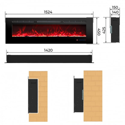 Afmetingen van de elektrische wandhaard Mystflame Galaxy 60 