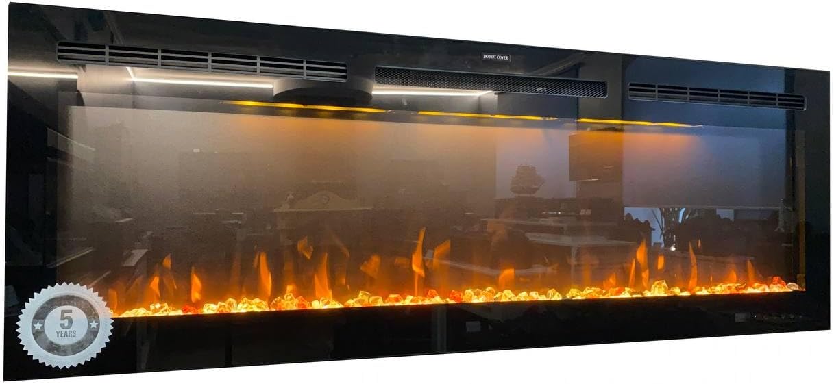 Elektrische wandhaard met verwarming en vlamgeluidseffect. Decoratieve kristallen en houtblokken. Mystflame Galaxy.
