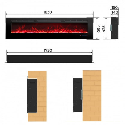 Afmetingen van de elektrische wandhaard Mystflame Galaxy 72