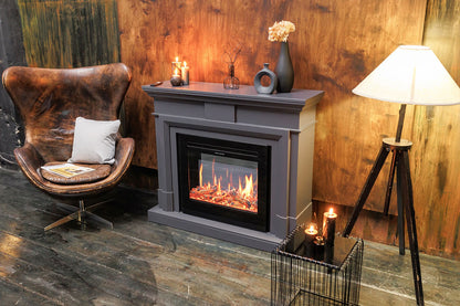 Mystflame V-Art 25: ingebouwde elektrische haard met decoratief kader. Ingebouwde elektrische haard met verwarming, geluid, houtblokken en multicolor vlam.