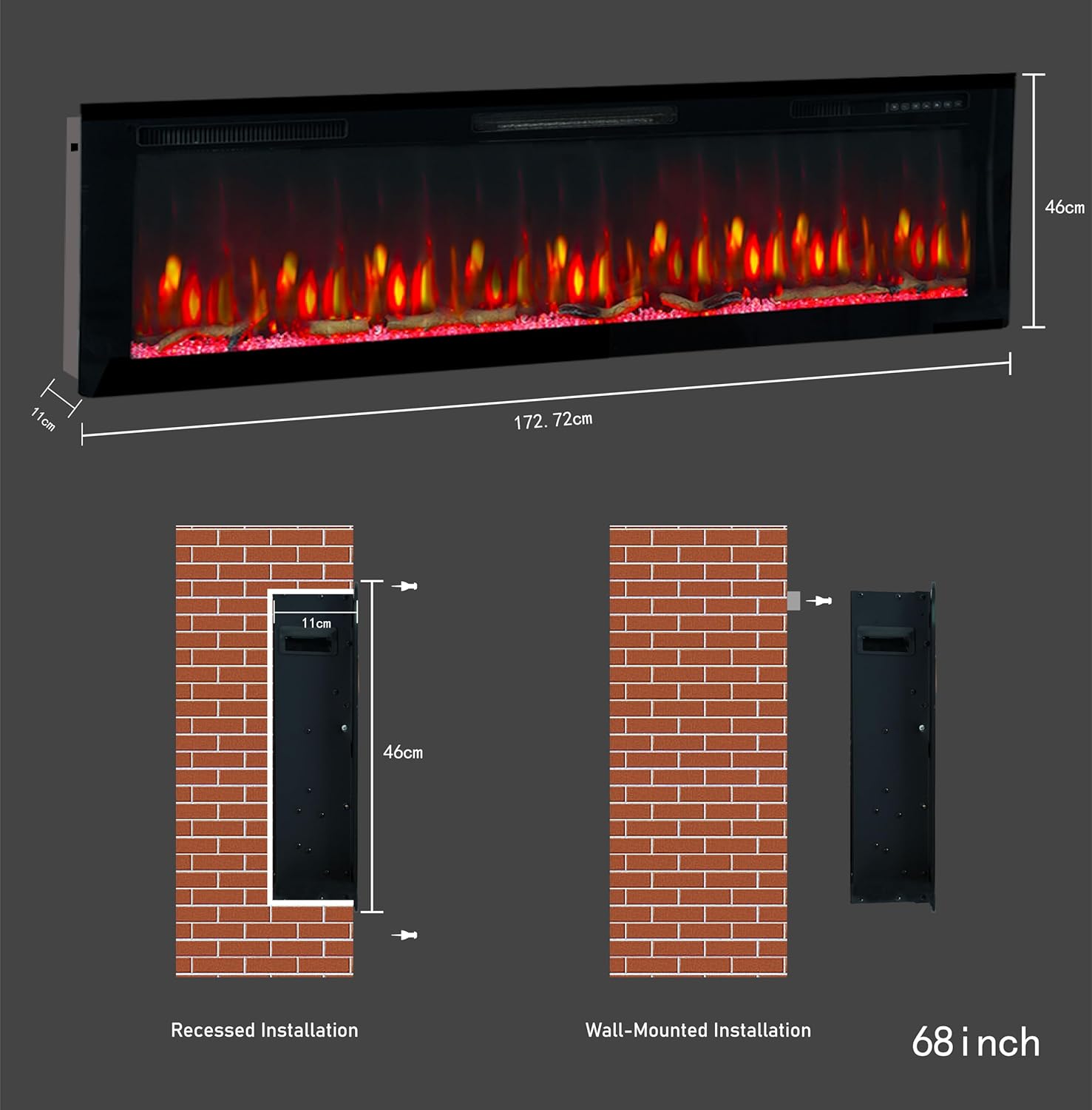 Afmetingen van de elektrische haard Mystflame Weka E68