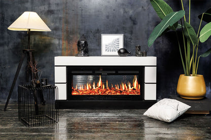 Realistische elektrische haard met houtblok Mystflame V-Art 50 in decoratief kader.