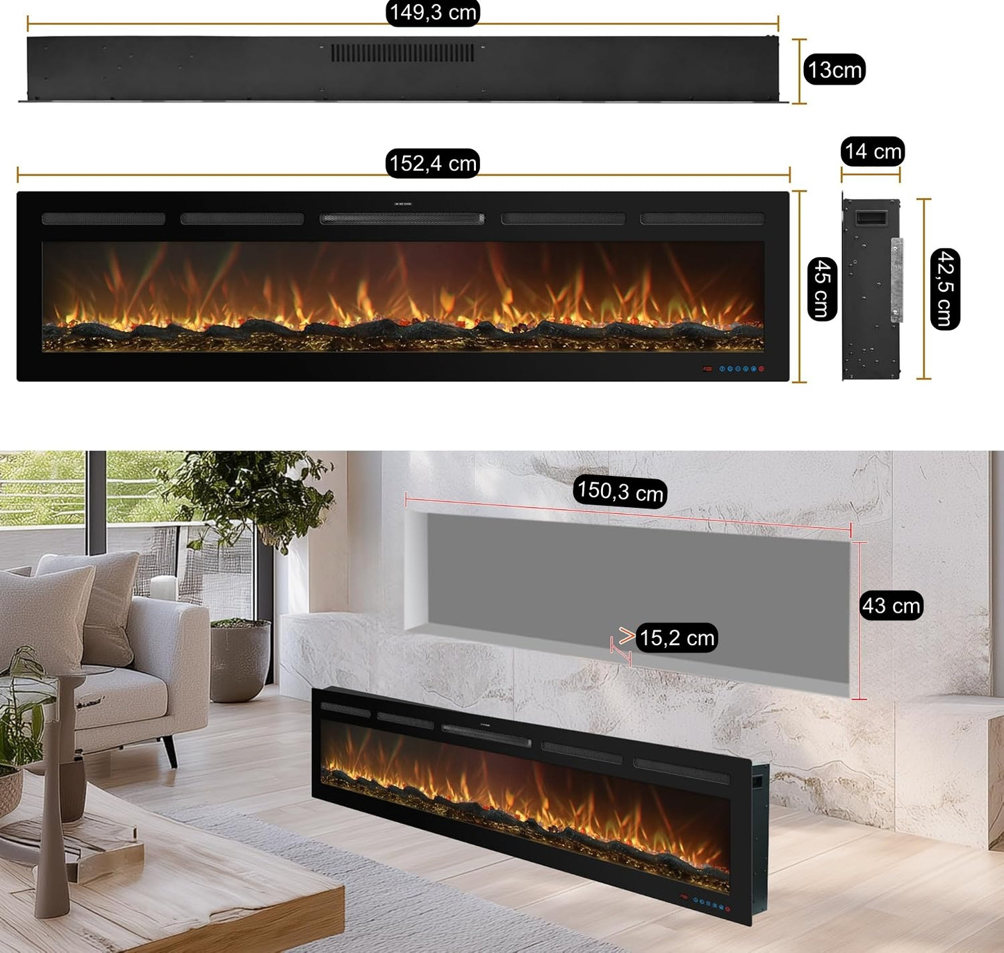 Montageafmetingen en nisafmetingen van de elektrische haard Mystflame Galaxy 60 Pro New WiFi