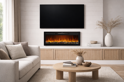 Elektrische haard met geluid Mystflame Galaxy Pro 36 NEW WiFi in het interieur van de woonkamer onder de televisie