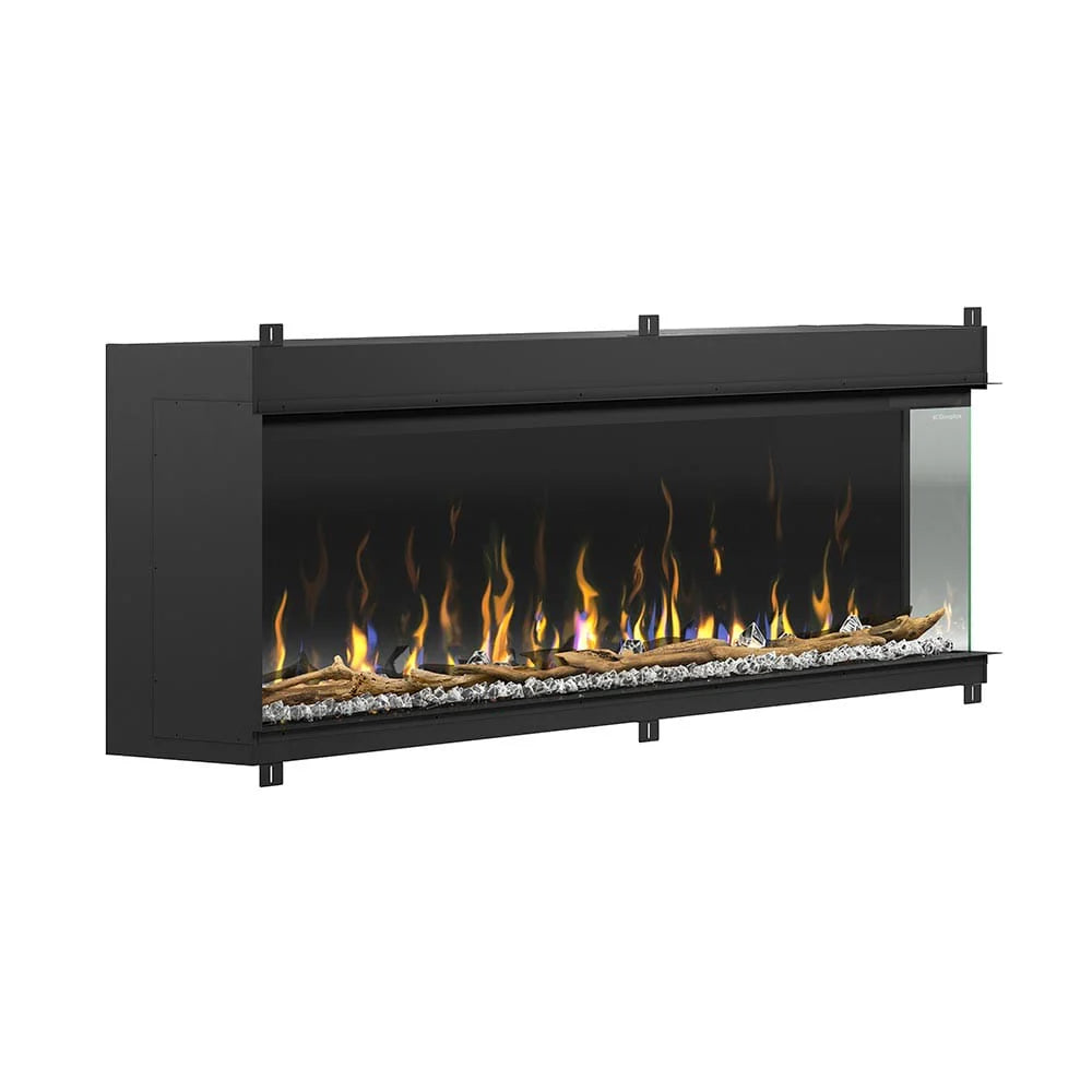 Foto van de elektrische haard Dimplex Ignite Bold 74 met een glazen zijpaneel.