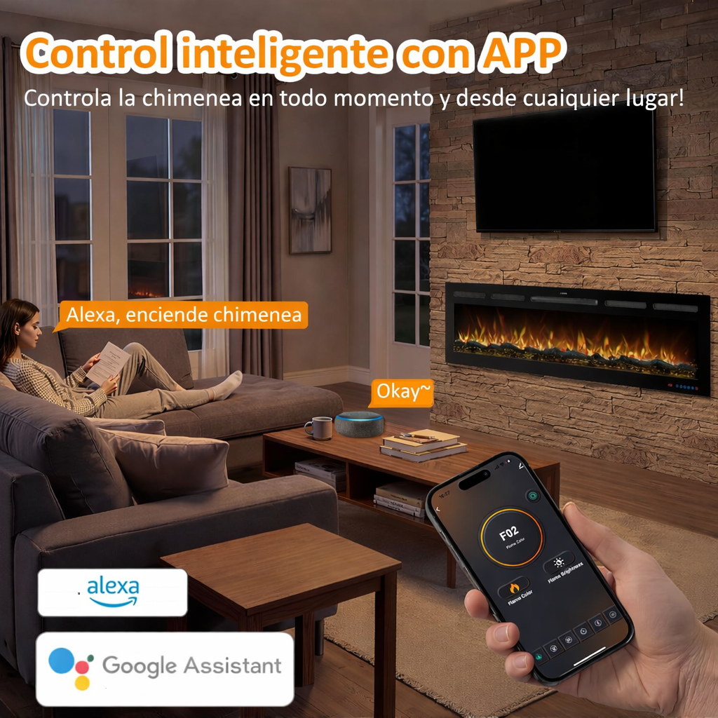 Bediening via smartphone en spraakbediening bij de elektrische haard WiFi Mystflame Galaxy 60 Pro NEW WiFi