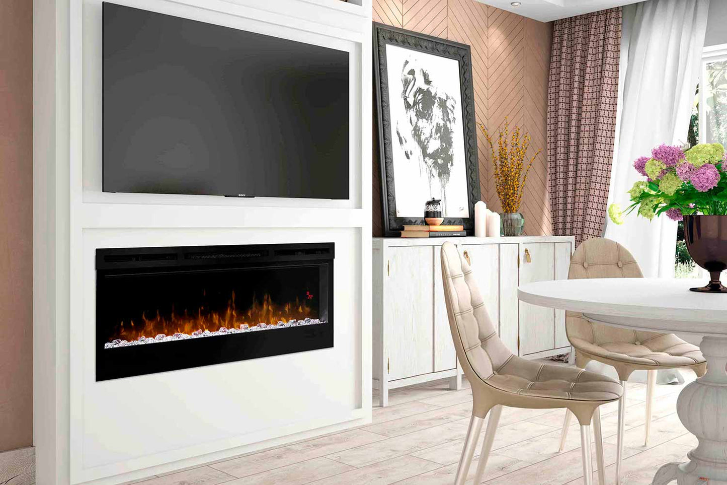 Elektrische haard Dimplex Optiflame Prism 50 BLF5051 onder de televisie in de woonkamer