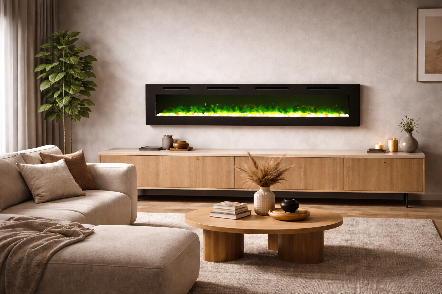 Elektrische haard Mystflame Crystal 72 New WiFi geïnstalleerd in een modern interieur – model EF72BR