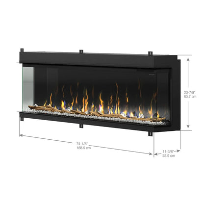 Afmetingen van de driezijdige elektrische haard Dimplex Ignite Bold 74