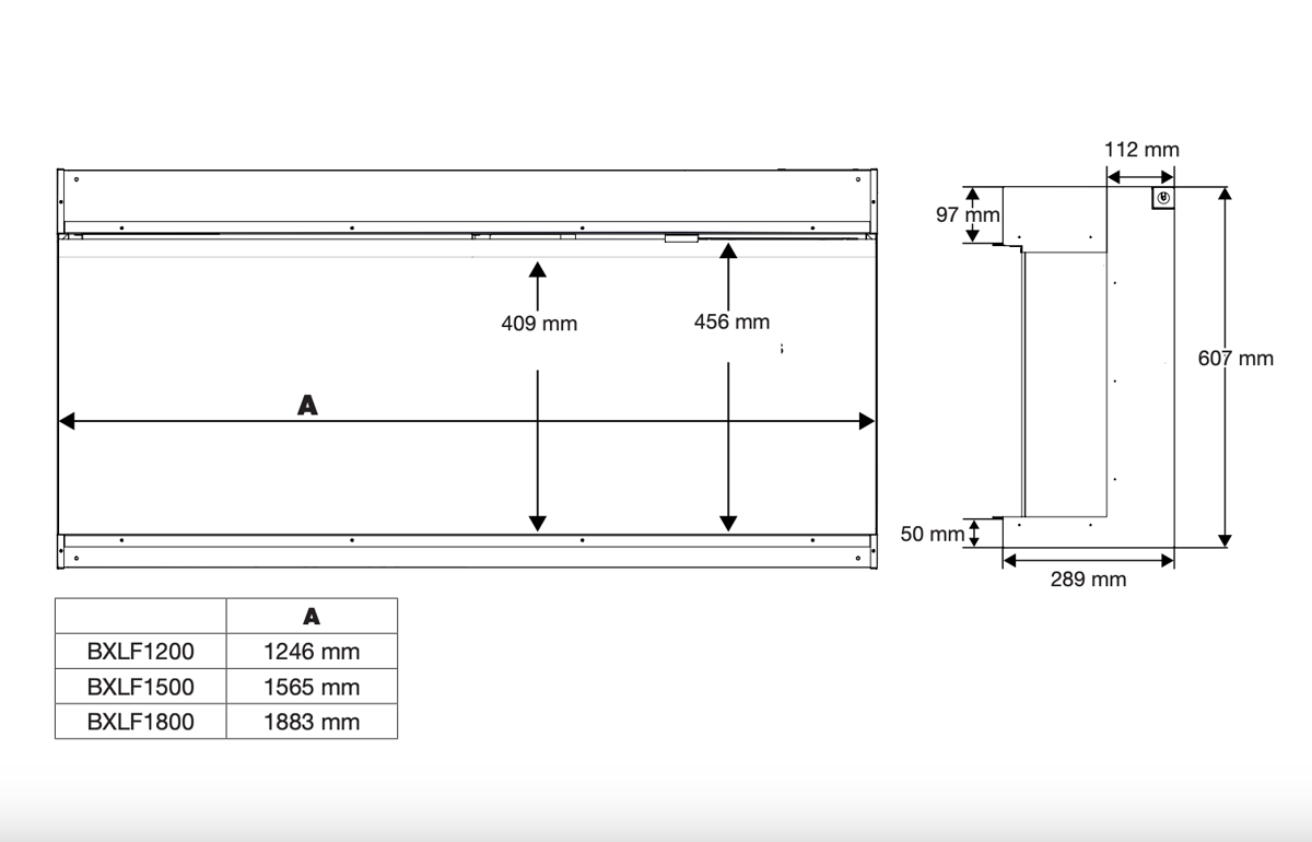 Tekening met de afmetingen van de driezijdige elektrische haard Dimplex Ignite Bold 60.