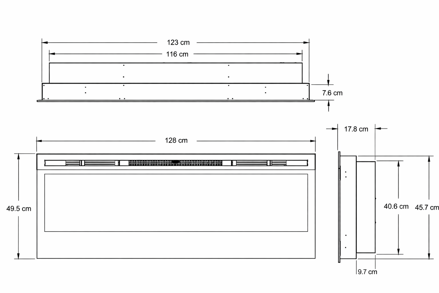 Afmetingen Dimplex Optiflame Prism 50 BLF5051 met een breedte van 128 cm