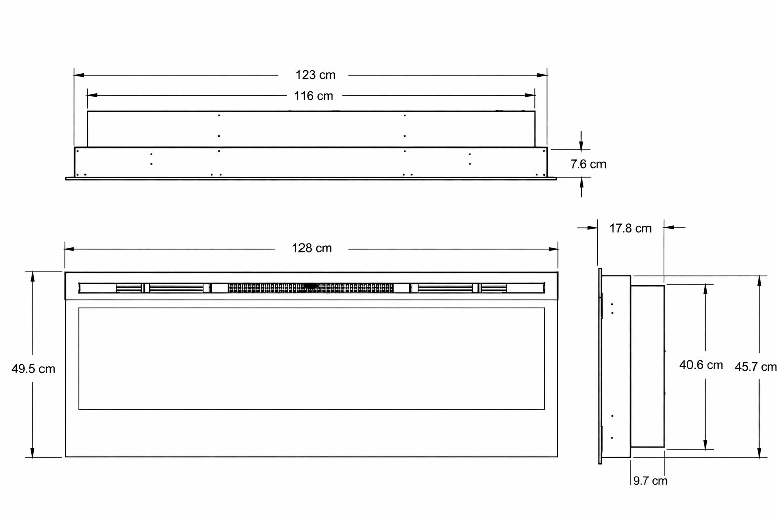 Afmetingen Dimplex Optiflame Prism 50 BLF5051 met een breedte van 128 cm