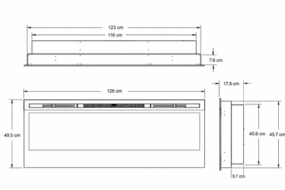 Afmetingen Dimplex Optiflame Prism 50 BLF5051 met een breedte van 128 cm