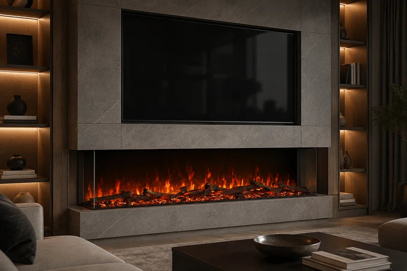 Mystflame Panorama 3S WiFi elektrische haard met drie zijden, realistische vlammen, geluid en verwarming.