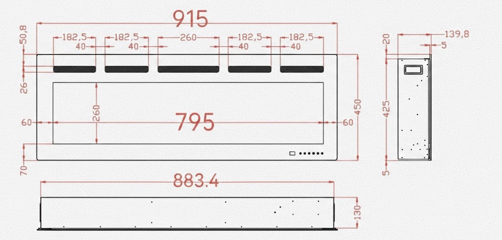 Tekeningen met afmetingen van de elektrische haard met geluid Galaxy 36 Pro New WiFi